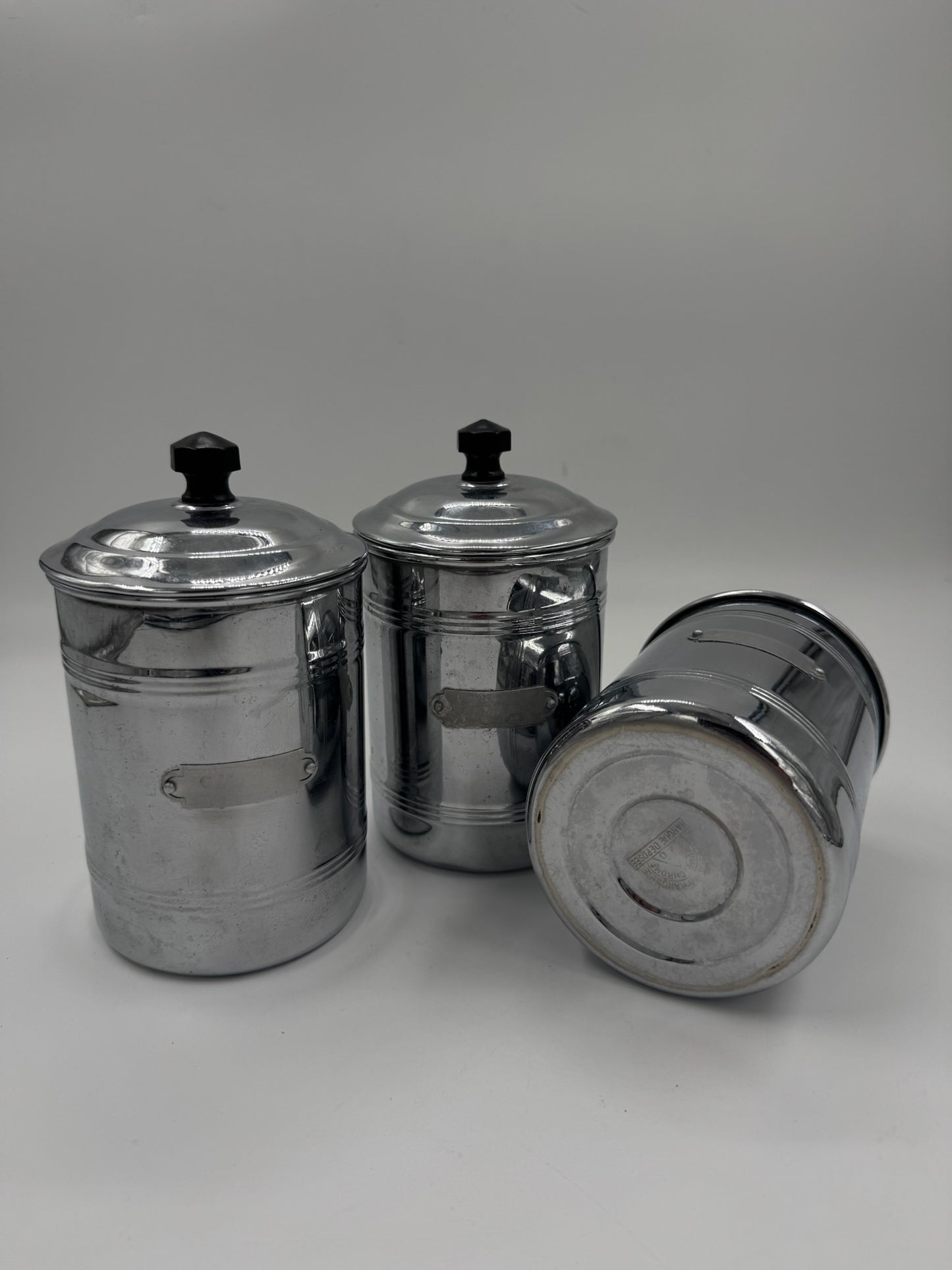 Set of 3 Vintage Chrome Kitchen Canisters with Lids