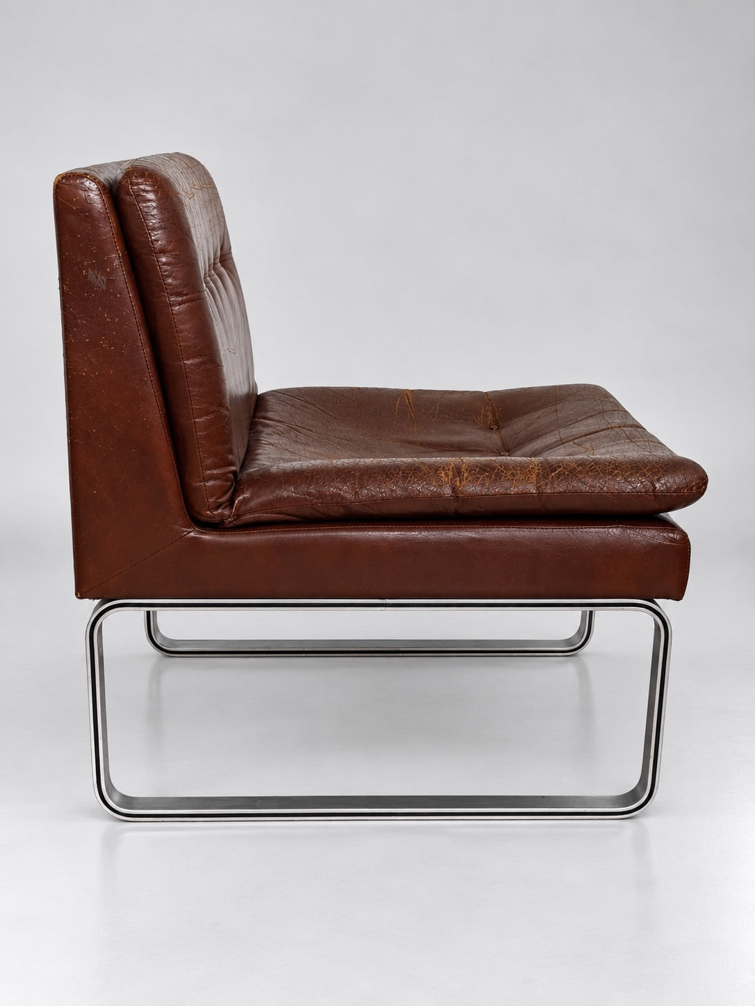 Vintage Design Lounge Chair, Brown Leather & Brushed Steel