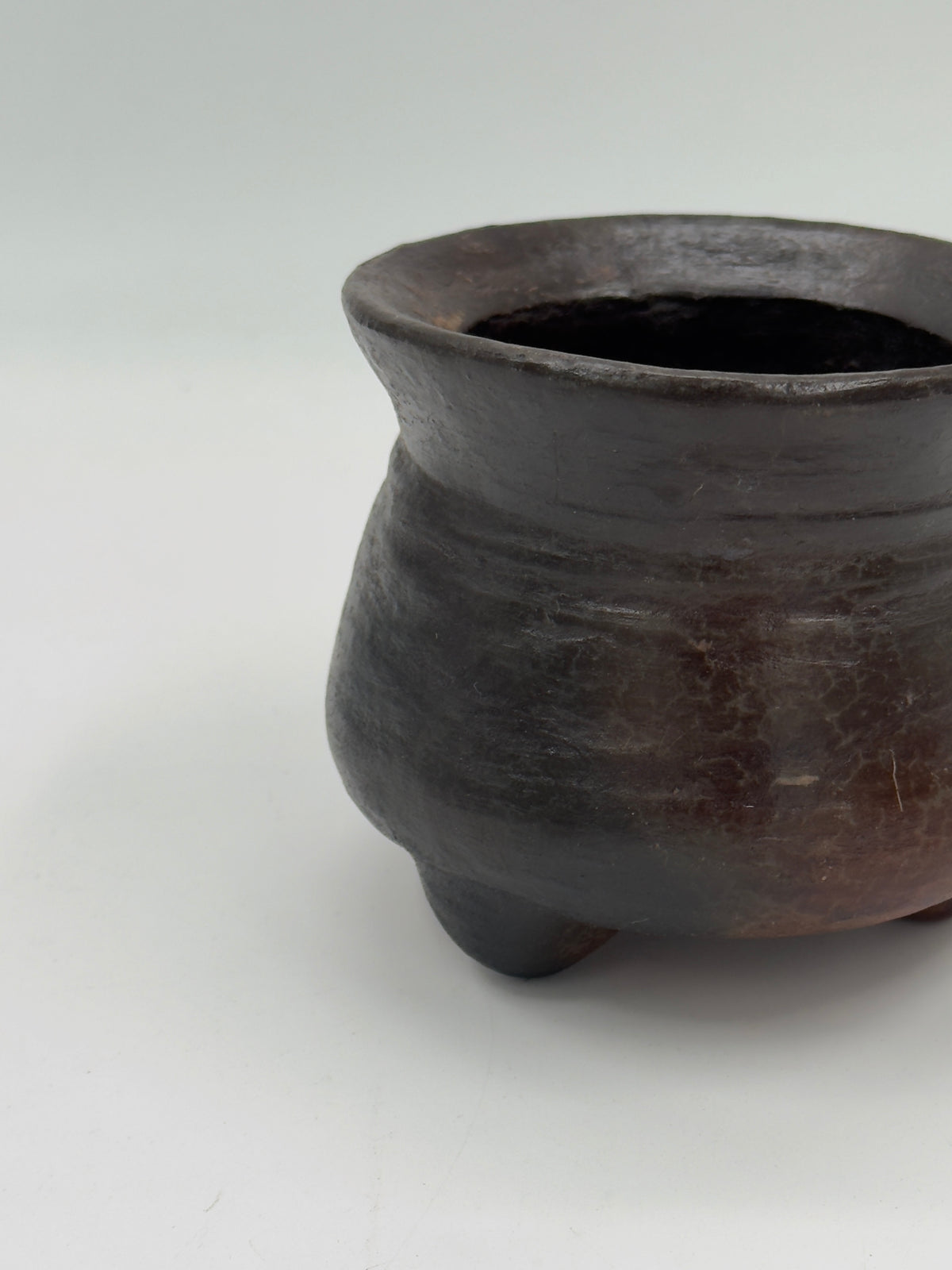 Vintage Hand-Built Terracotta Tripod Vessel with Smoked Black Finish