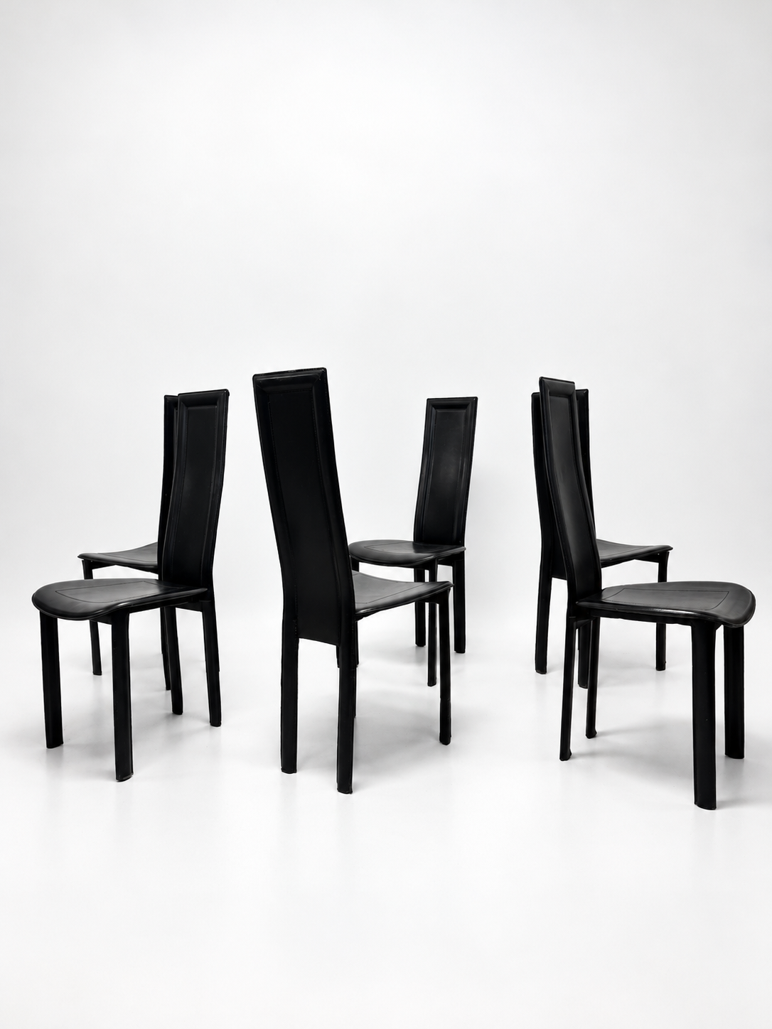 Italian Black Leather High-Back Dining Chairs, Set of 6
