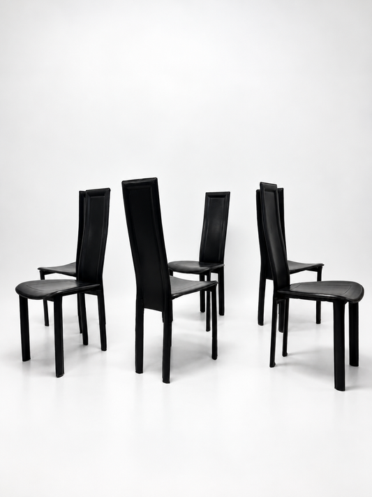 Italian Black Leather High-Back Dining Chairs, Set of 6
