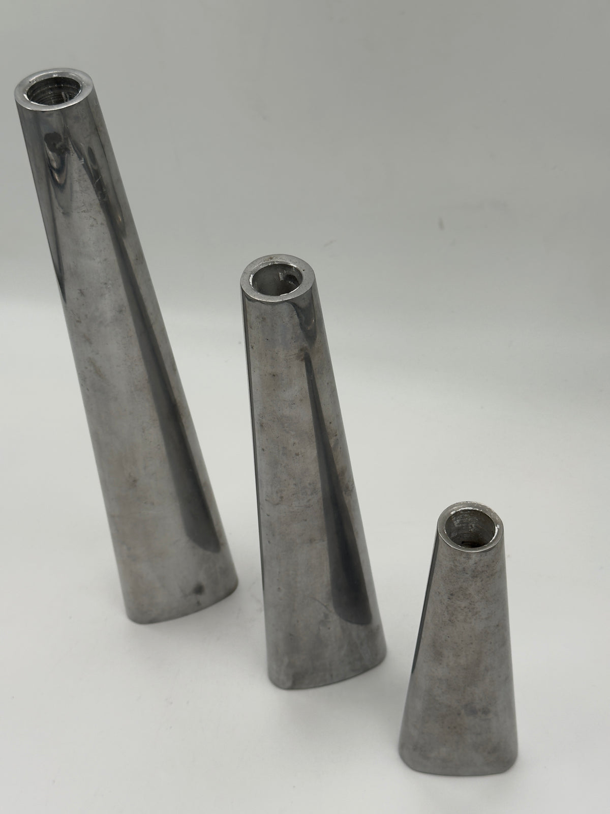 Set of 3 Vintage Sculptural Silver-Tone Metal Bud Vases, Graduated Heights