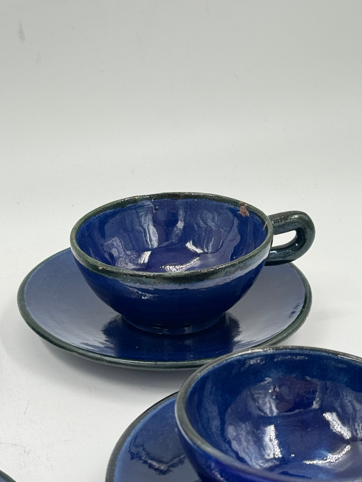 Set of 4 Vintage Studio Pottery Cups and Saucers, Cobalt Blue Glaze