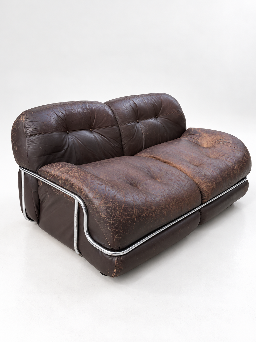Brown Leather & Chrome Sofa, 1970s