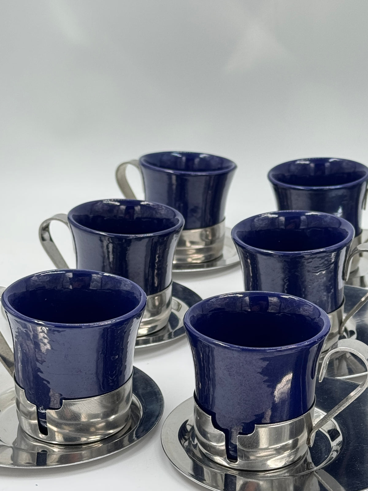 Set of 11 Vintage Cobalt Blue Cups & Saucers with Jug, Steel Holders