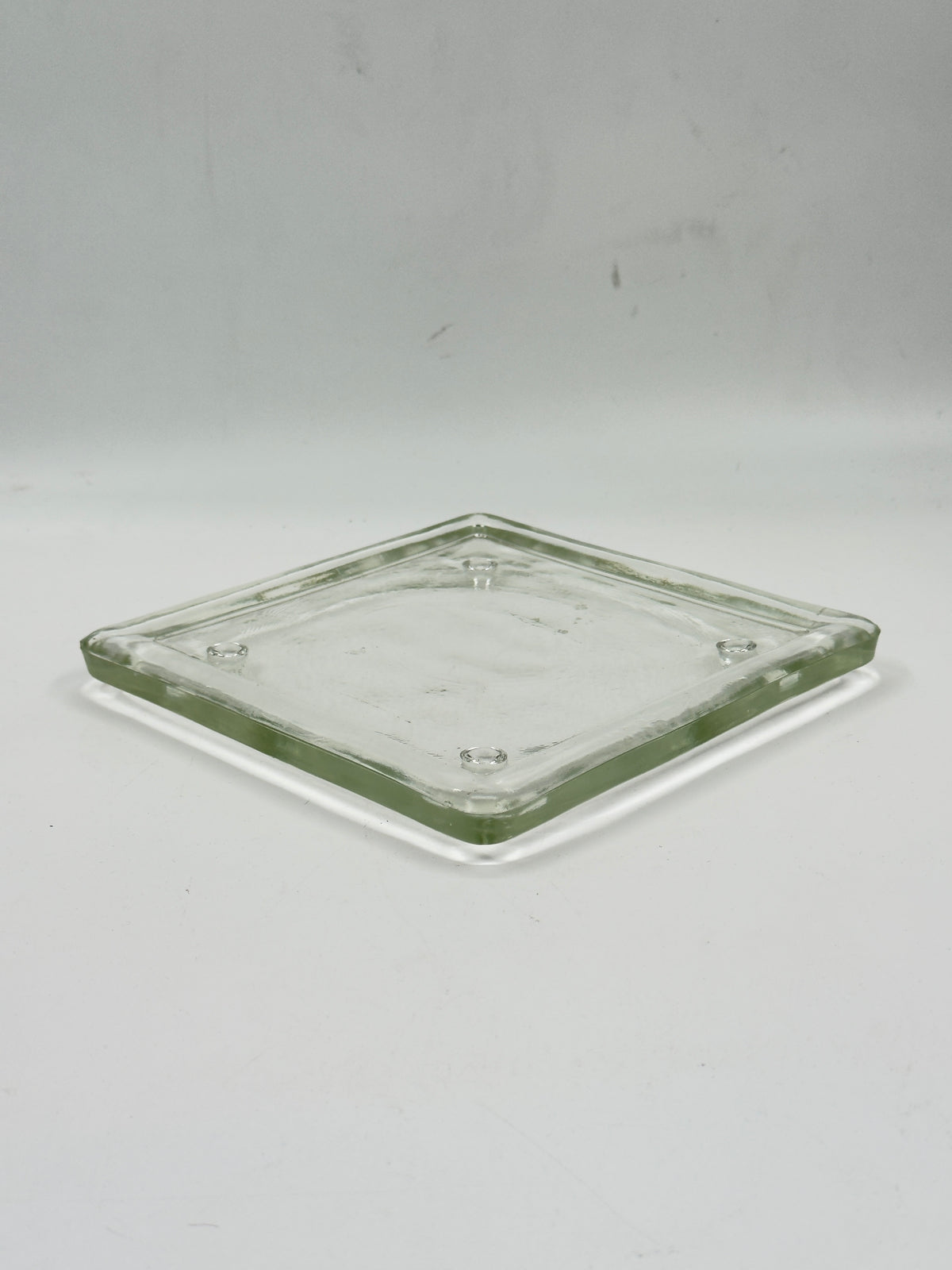 Vintage Pale Green-Tinted Glass Square Tray with Raised Feet