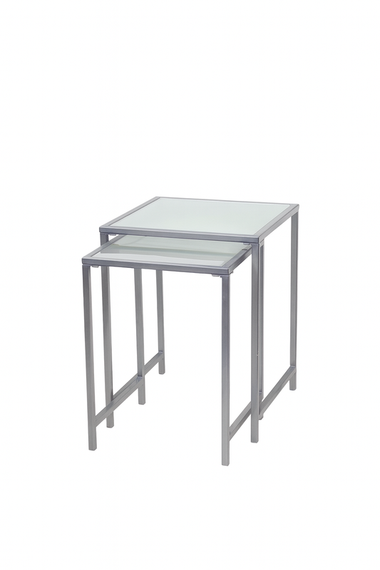 Set of Two Glass Nesting Tables (Industrial Steel Frame)