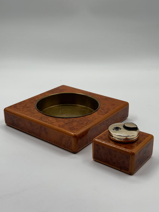 Burlwood style Ashtray & Lighter Set Vintage Brass Detail