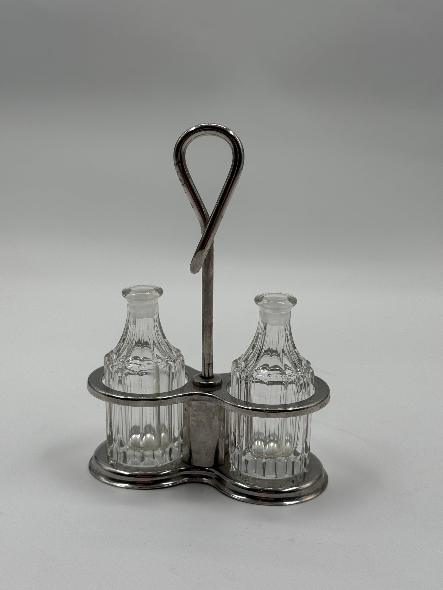 Cut-Glass Oil & Vinegar Set Sculptural Steel Handle