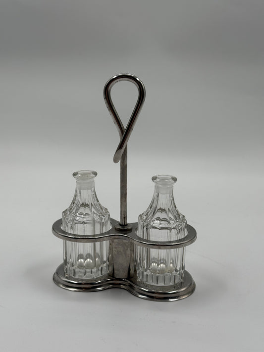Cut-Glass Oil & Vinegar Set Sculptural Steel Handle