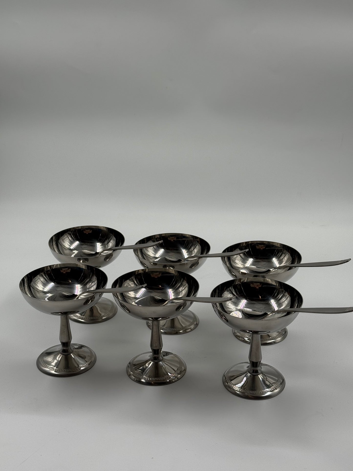 Set of Six Stainless Steel Dessert Coupes With Matching Spoons