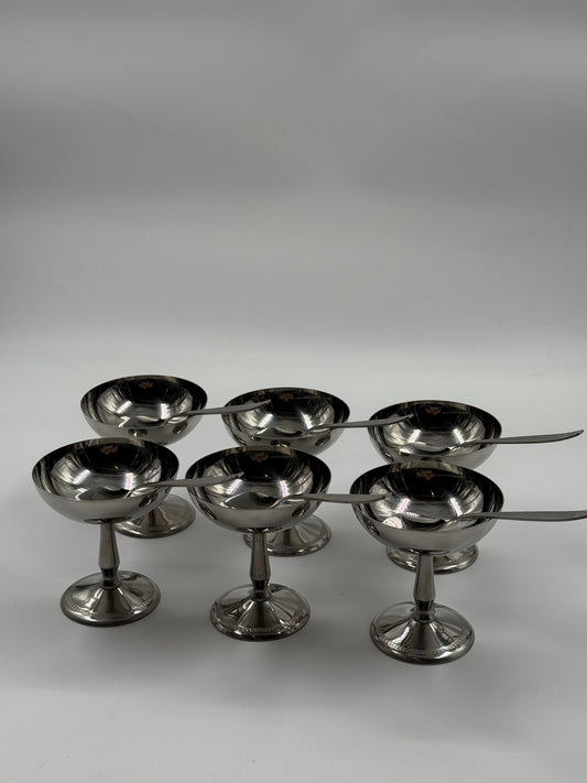 Set of Six Stainless Steel Dessert Coupes With Matching Spoons