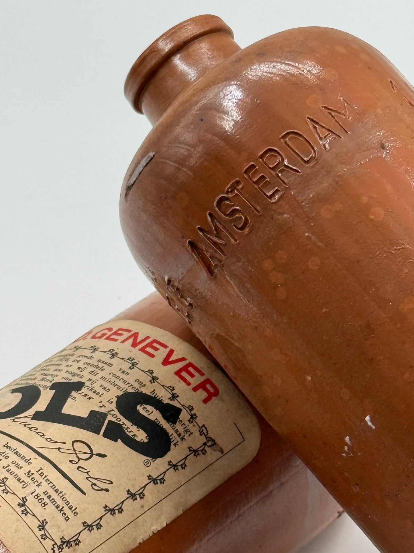 Pair of Antique Dutch Genever Stoneware Bottles Amsterdam & Lucas Bols