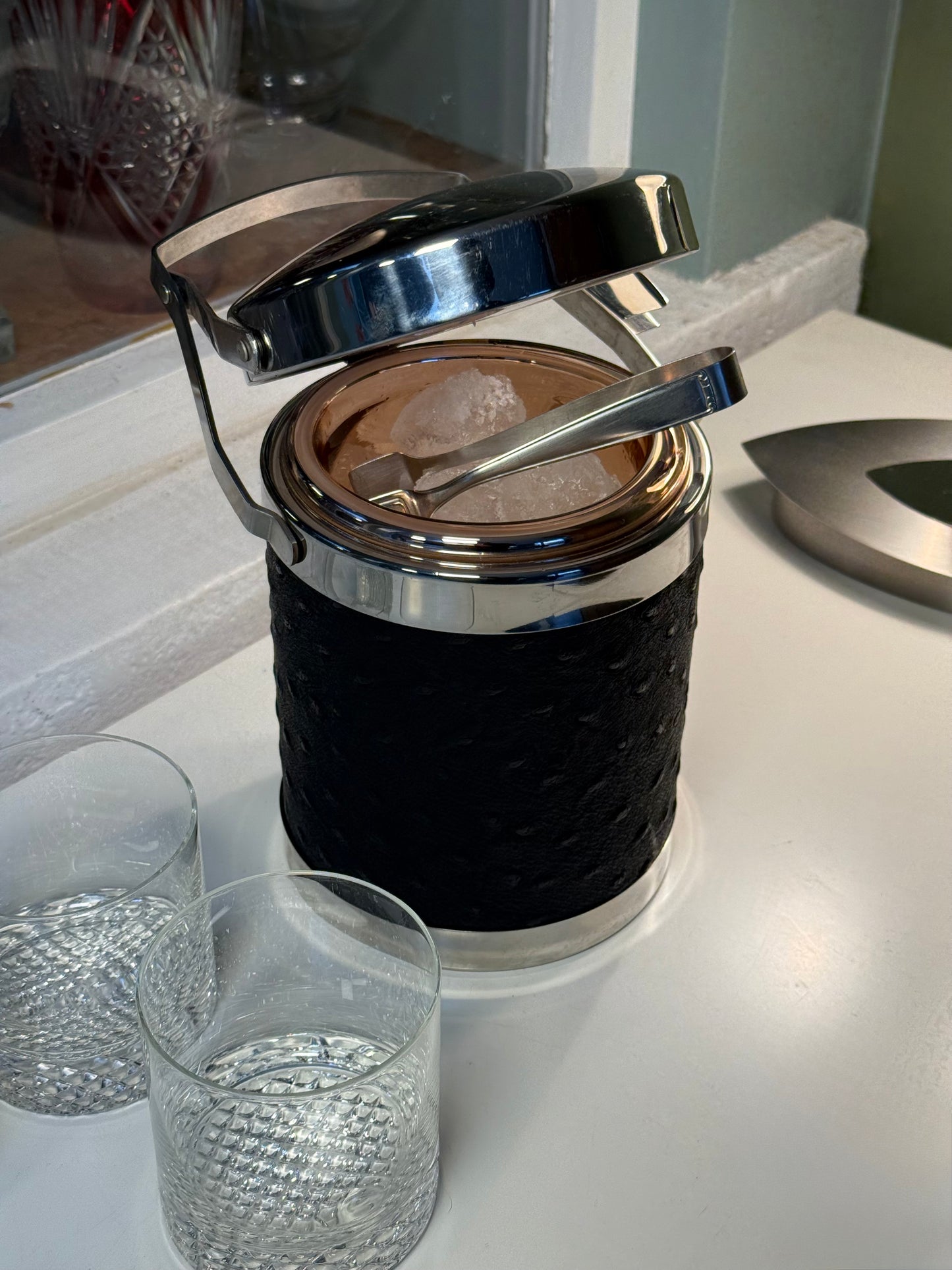 Chrome & Black Ice Bucket with Ostrich-Pattern Wrap