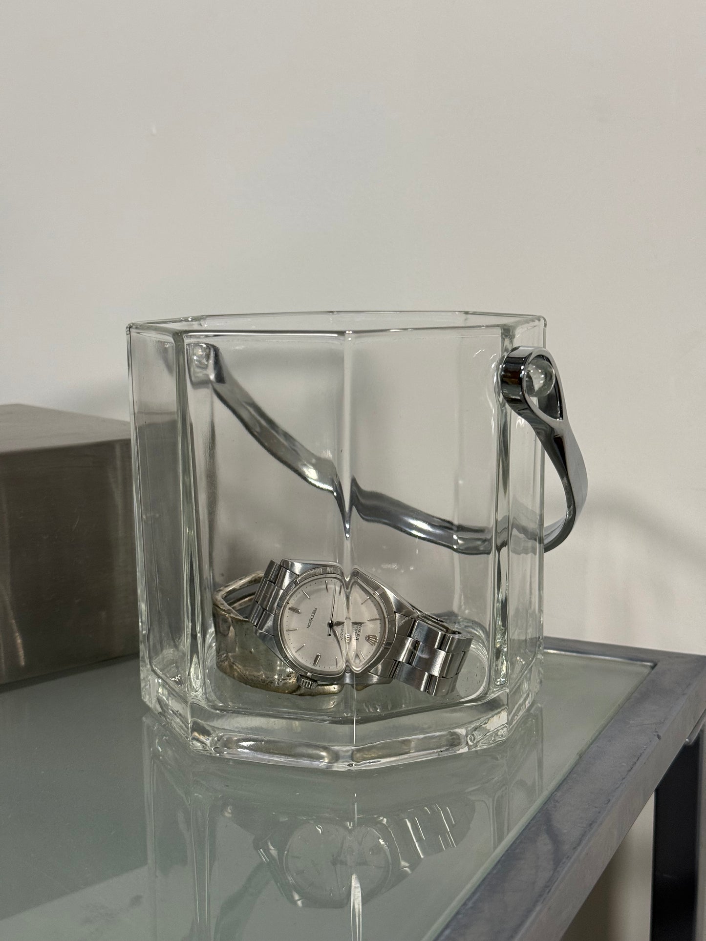 Octagonal Glass Ice Bucket Chrome Handle