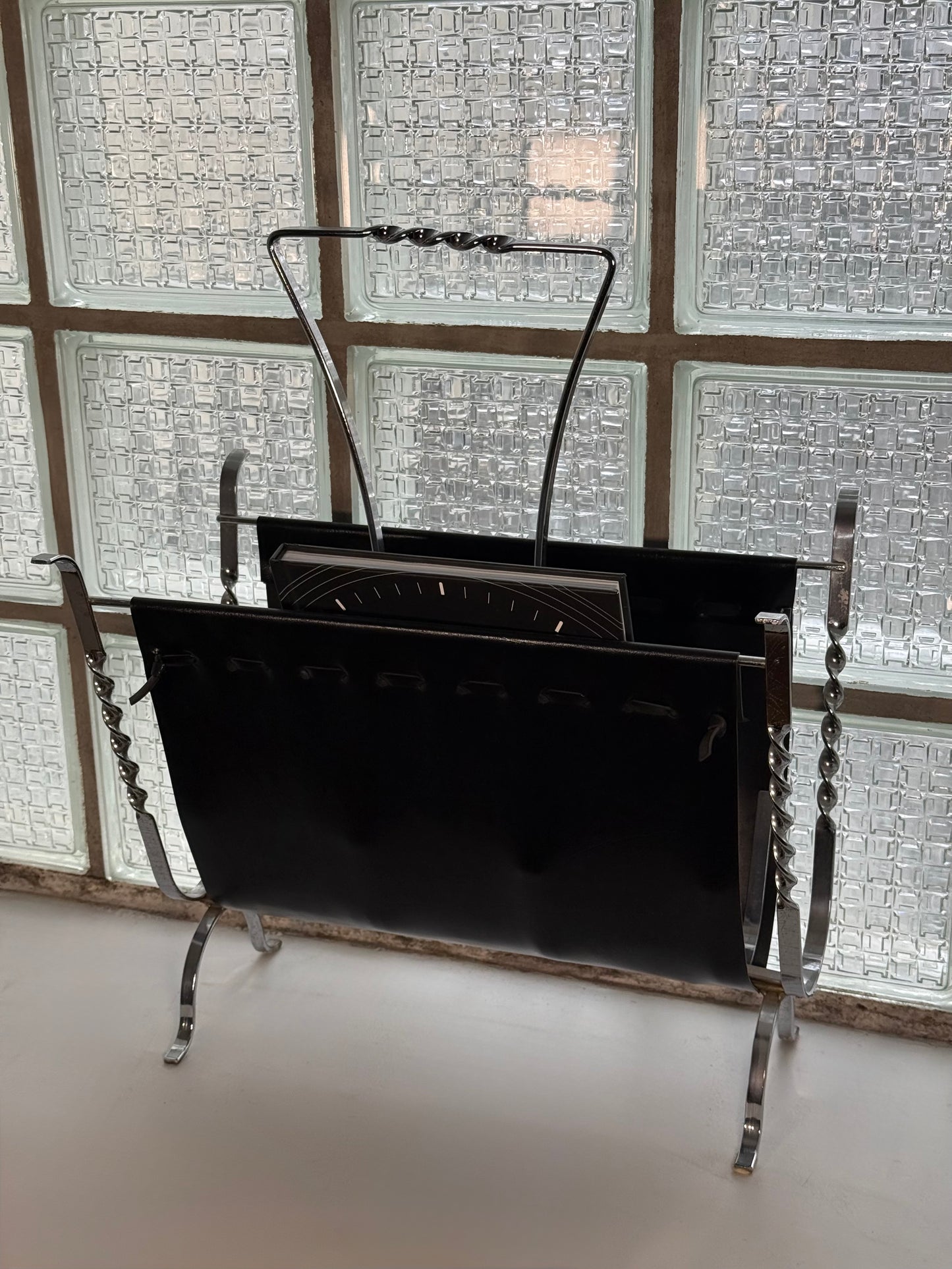 Black Leather & Chrome Magazine Rack