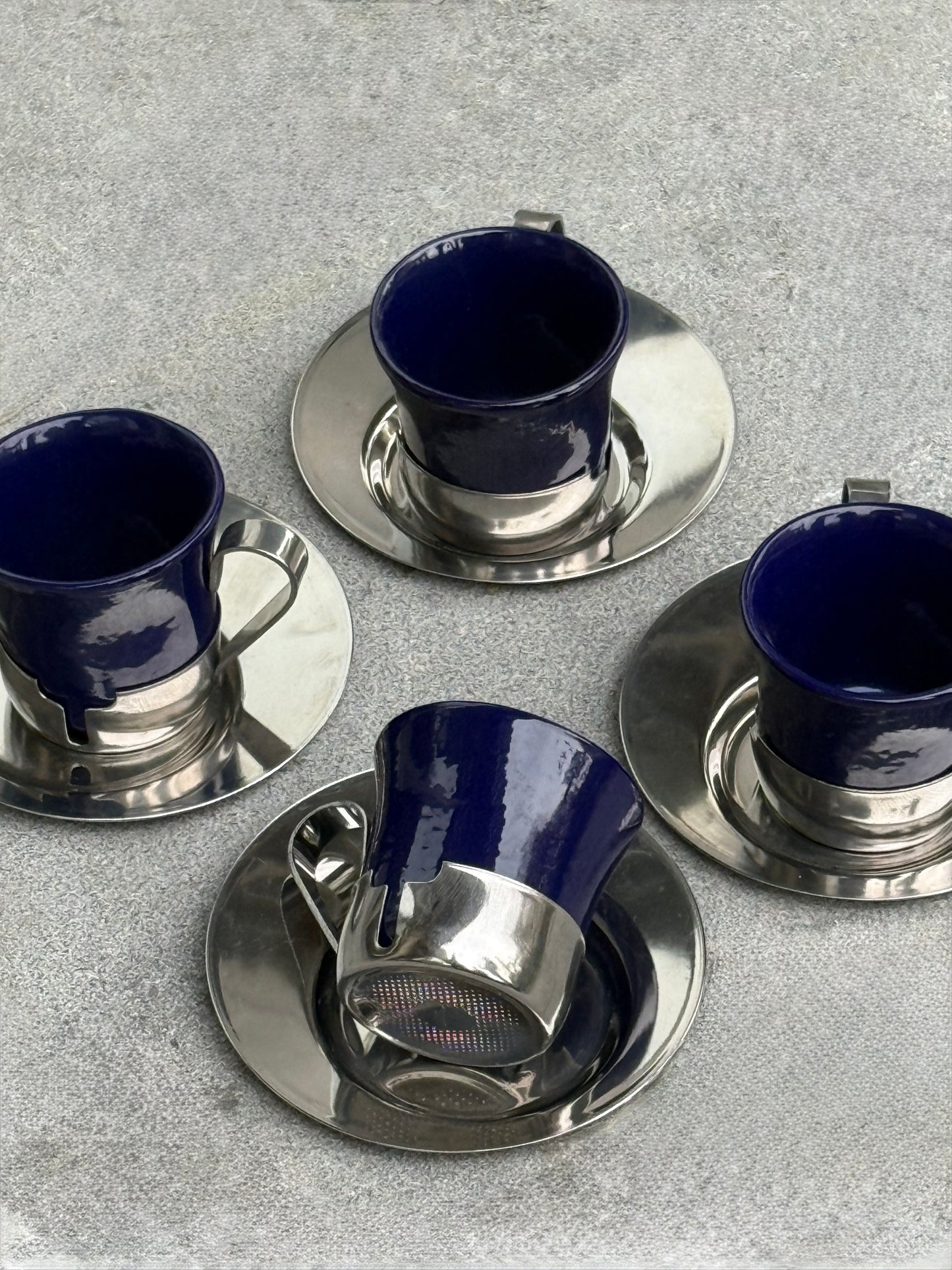 vintage Set of 4 Espresso Cups with Chrome Holders & Saucers Mid-Century Modern