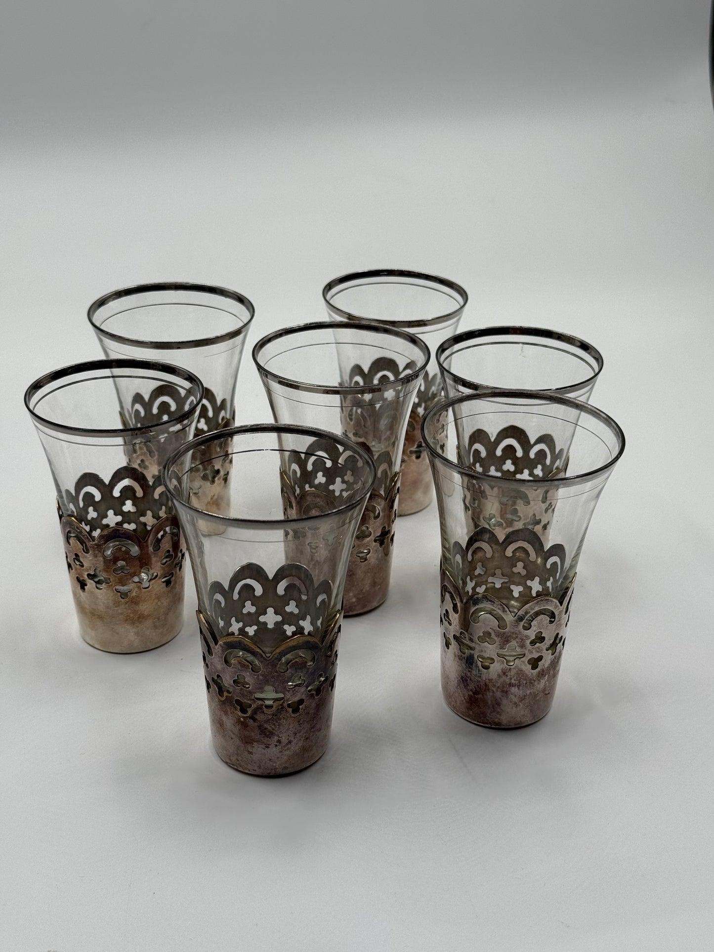 Set of 7 Vintage Moroccan Tea Glasses with Metal Holders