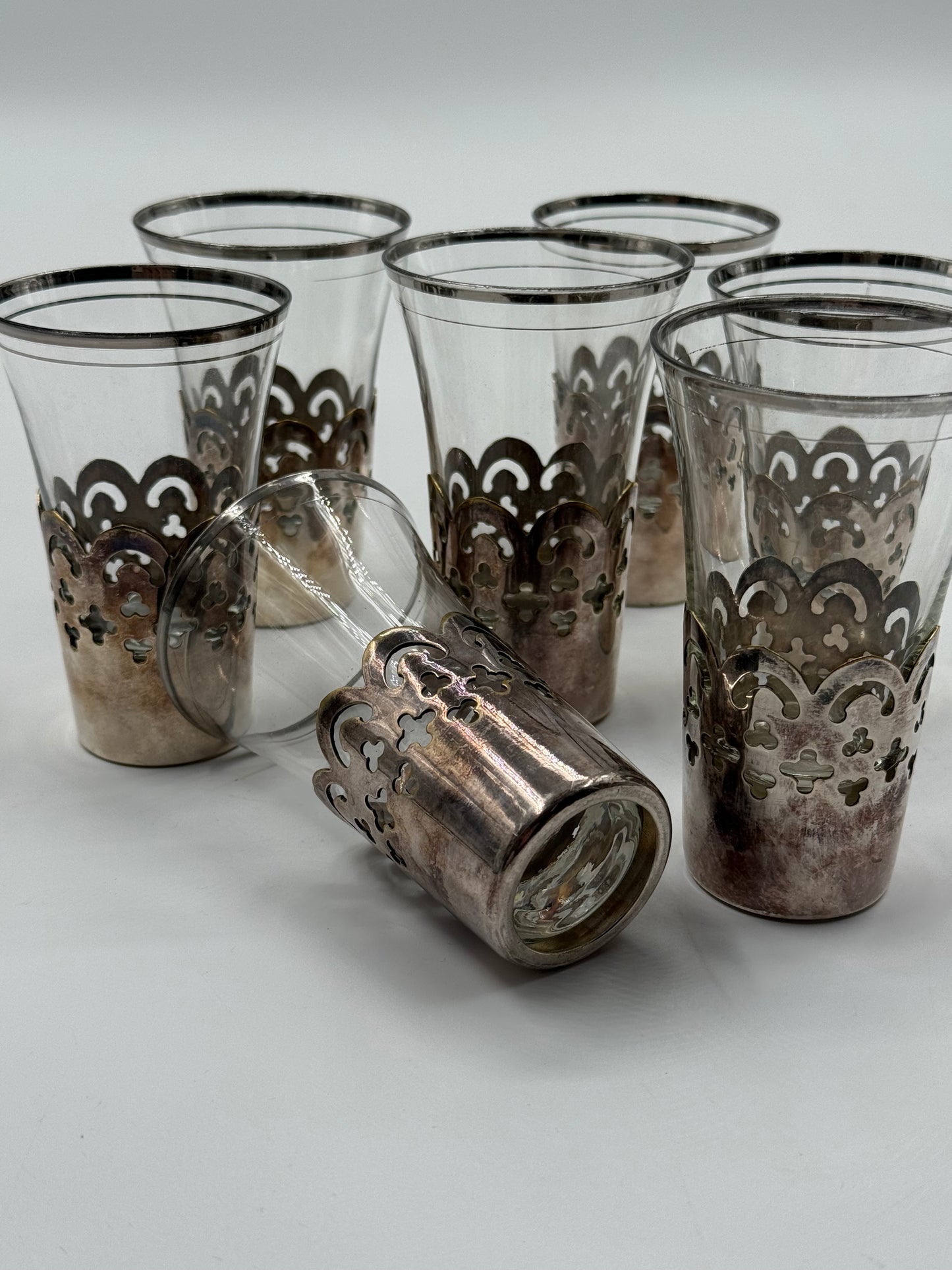 Set of 7 Vintage Moroccan Tea Glasses with Metal Holders