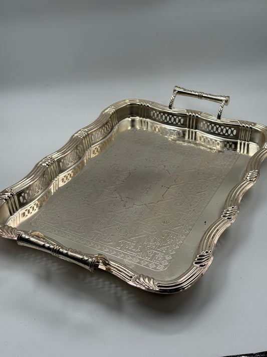 Vintage Engraved Silver-Plated Serving Tray with Ornate Handles