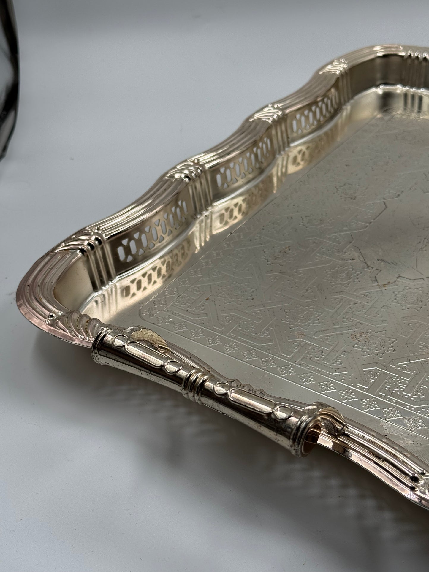Vintage Engraved Silver-Plated Serving Tray with Ornate Handles