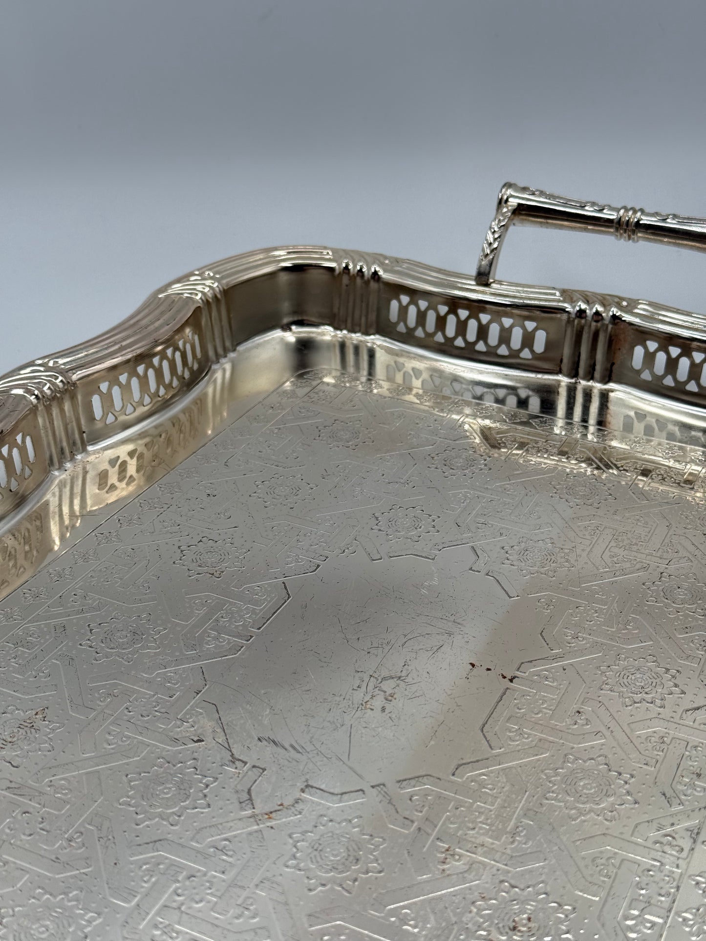 Vintage Engraved Silver-Plated Serving Tray with Ornate Handles