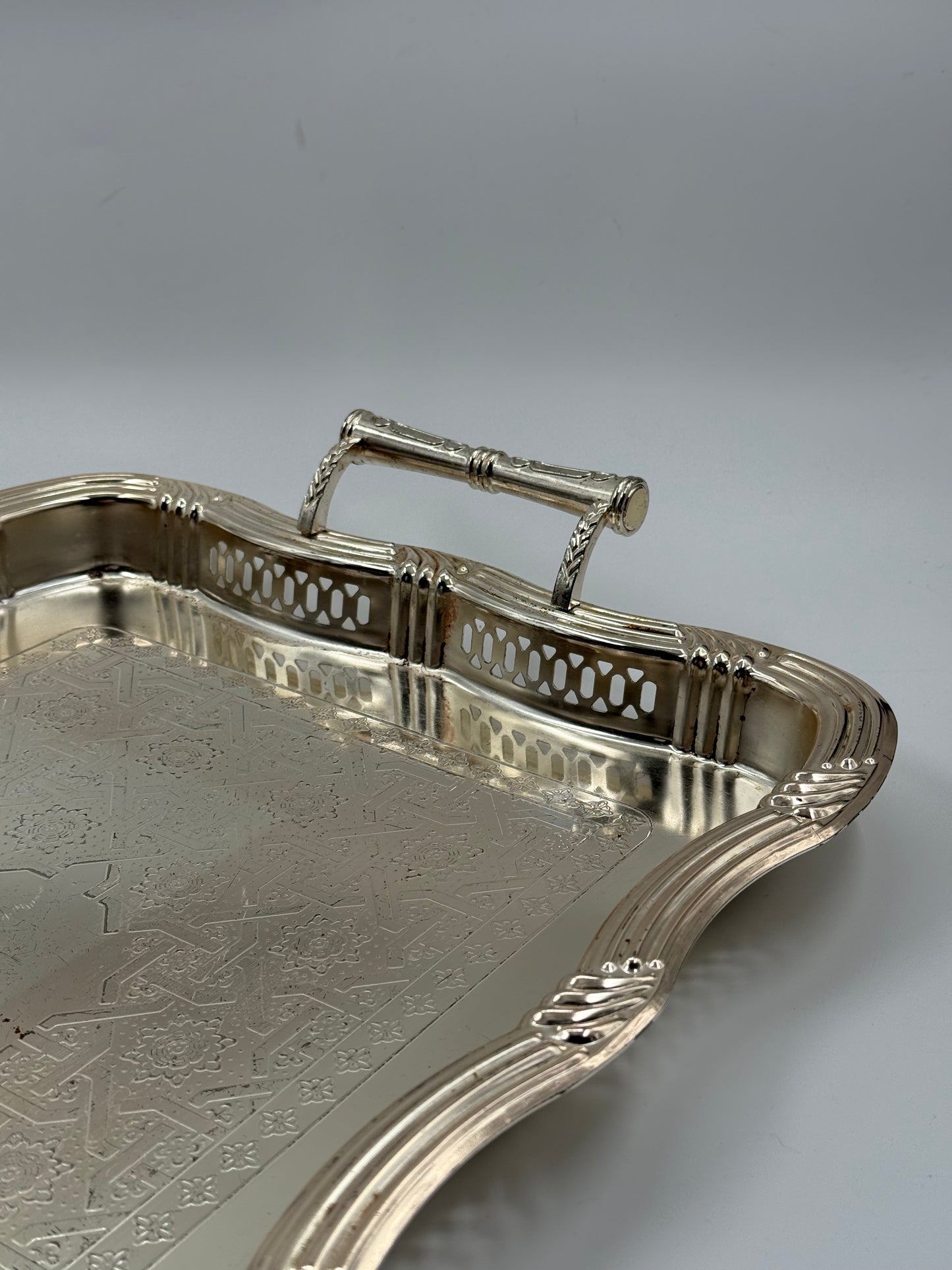 Vintage Engraved Silver-Plated Serving Tray with Ornate Handles