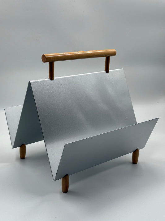 Vintage Modernist Metal & Wood Magazine Rack